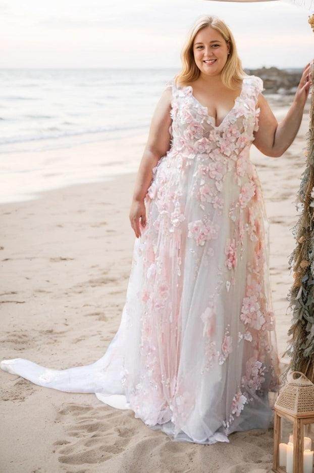 A-Line Sweep-Brush Train Lace Tulle Wedding Dress CW3492 - COCOMELODY